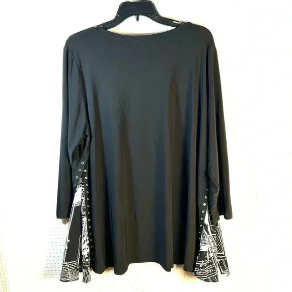 Sun Kim Plus Size 1X Tunic Top Lagenlook Art Side Snap Details Stretchy Black - Picture 2 of 8